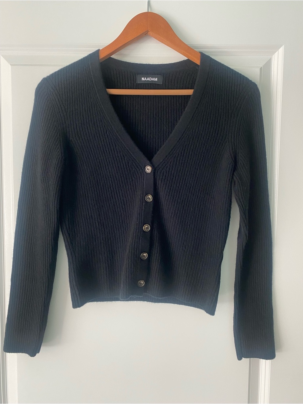 NAADAM 100% Cashmere Black V-Neck Button-Front Cardigan – Size S